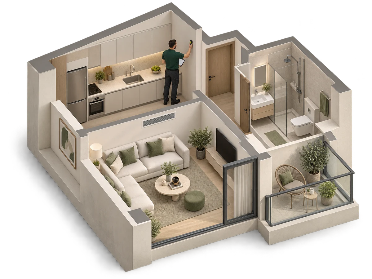 Illustrative cutaway apartment with a Halo inspector checking the kitchen, alongside a living area, bathroom and balcony